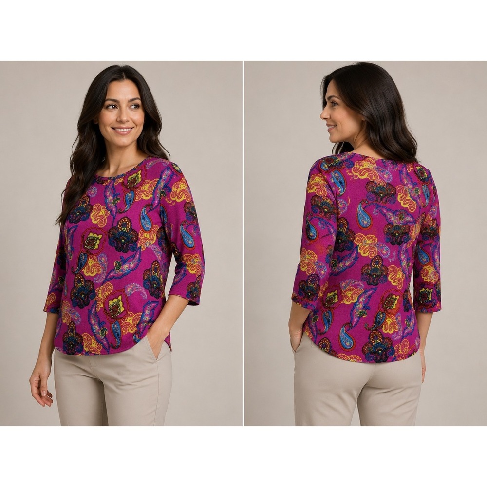 It's Women's XL Pink Paisley‎ Boho Tunic Top 3/4 Sleeve Multicolor